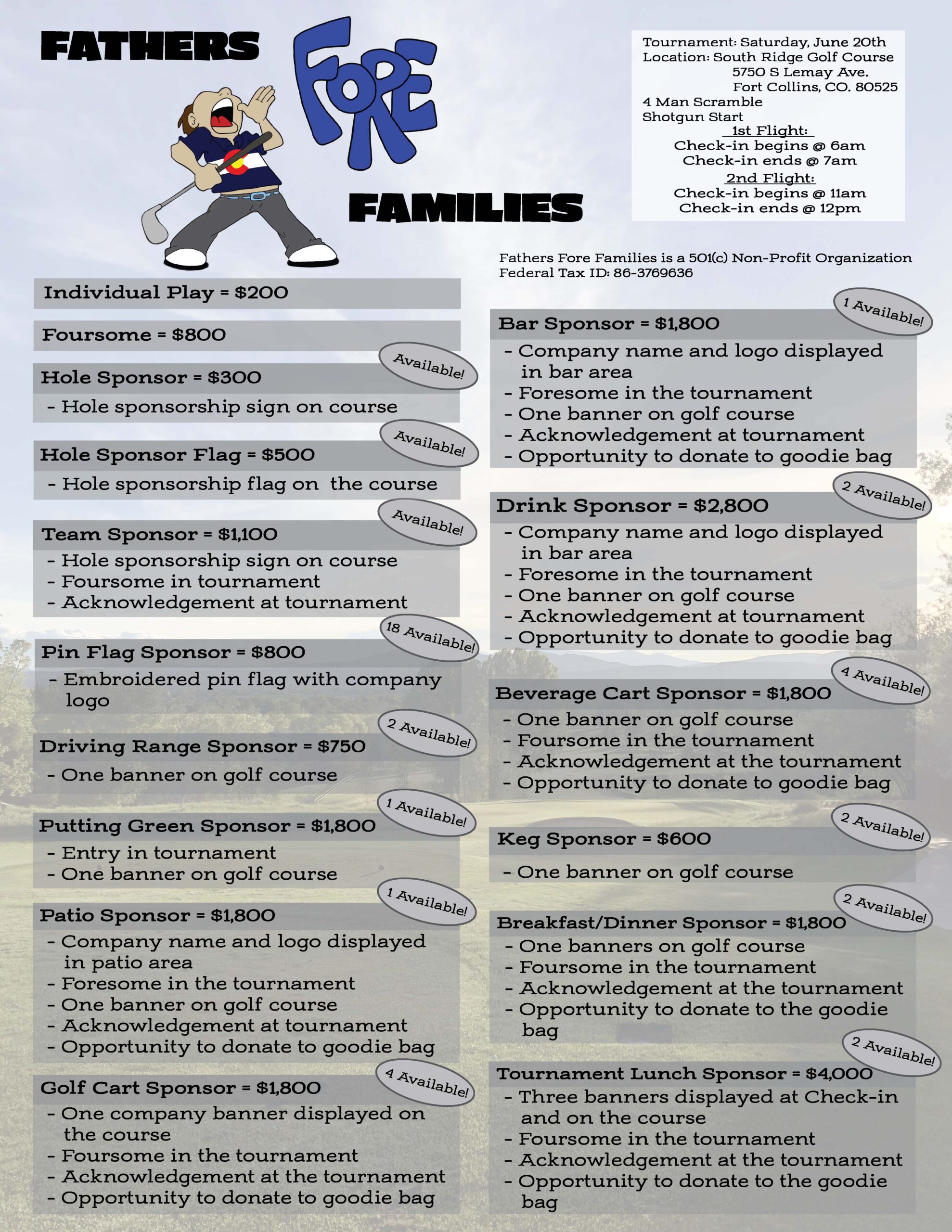 Fathers FORE Families 2026 Golf Tournament sponsorship opportunities including individual play, foursome registration, and sponsor levels such as hole sponsor, team sponsor, beverage cart sponsor, and tournament lunch sponsor.