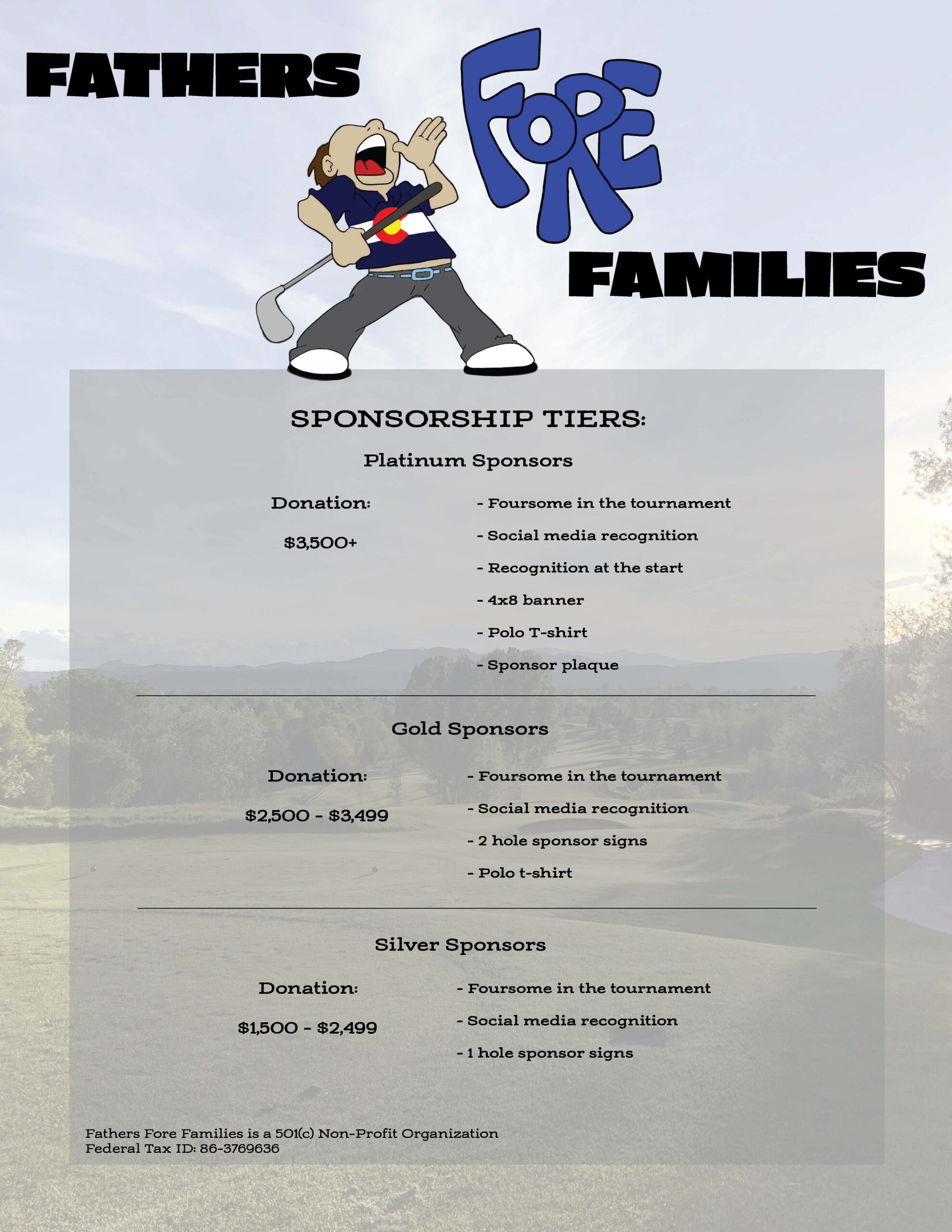Fathers FORE Families 2026 golf tournament sponsorship tiers showing Platinum, Gold, and Silver sponsor levels with benefits including tournament entry, social media recognition, and course signage.